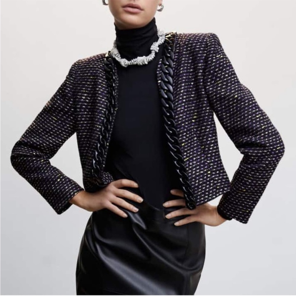 Mango | Cropped Tweet Blazer | Black, Purple and Metallic Gold | XXS